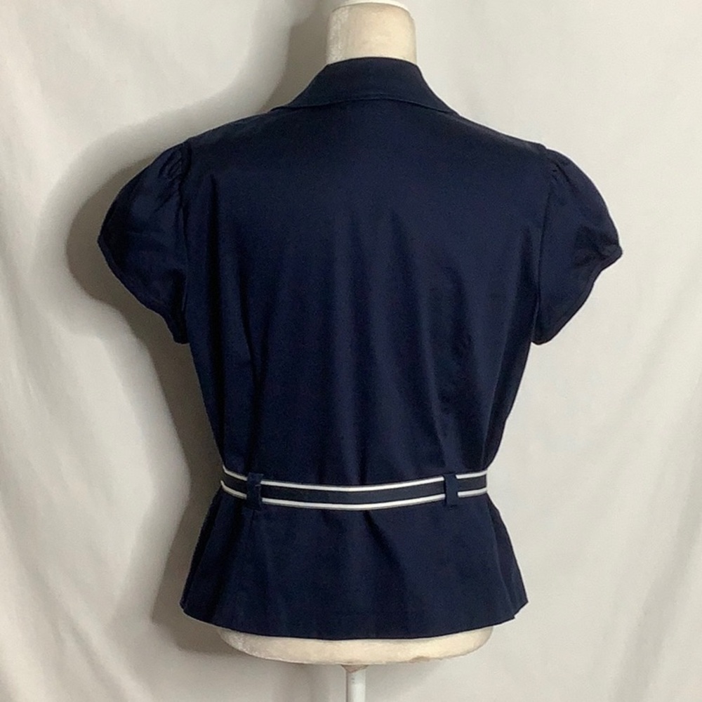 Dressbarn Navy Short Sleeve Blazer Top with Striped Belt Size 14 Career Office - Picture 2 of 16